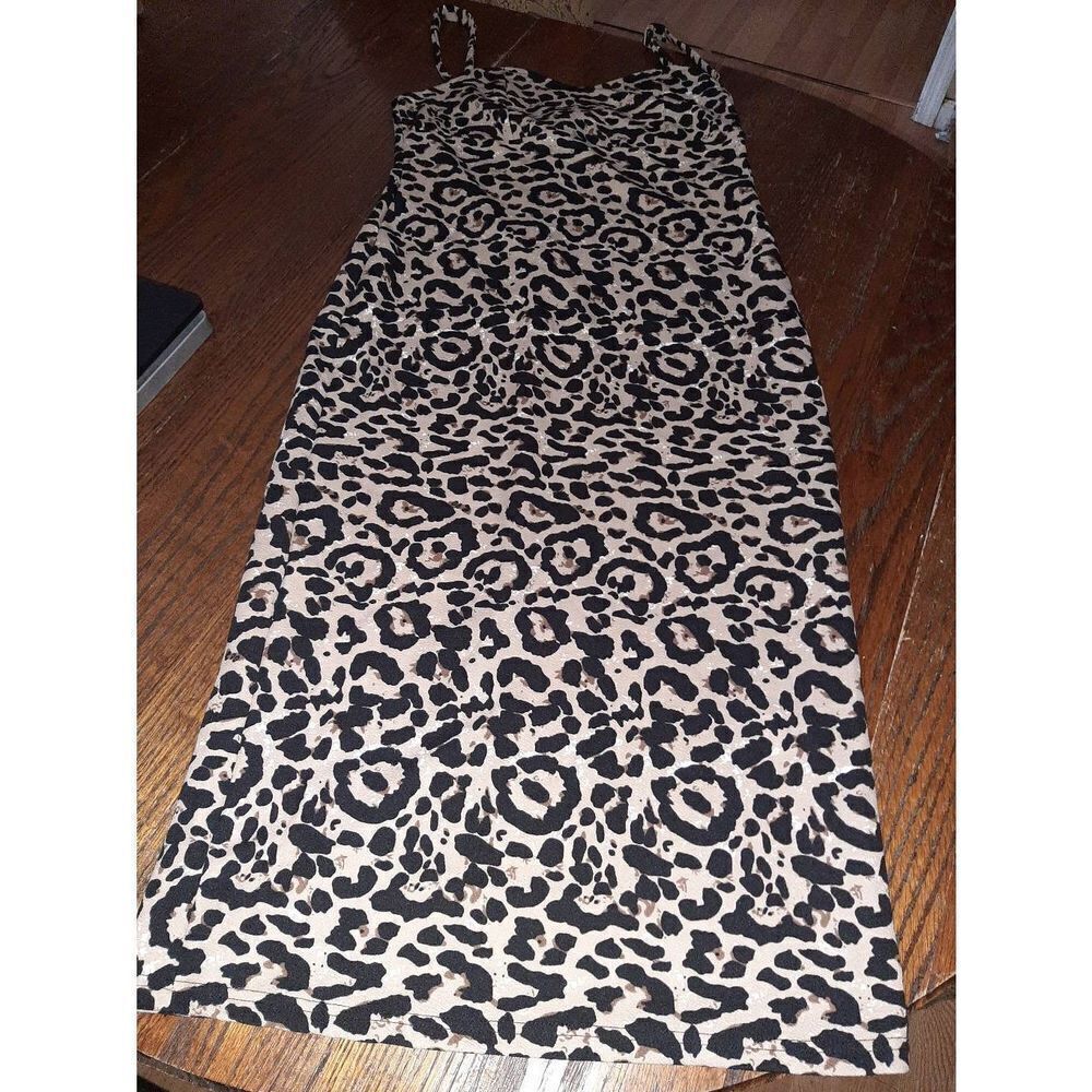 New Medium Cheetah Leopard Animal Print Sleeveless Midi Dress Tan Brown Black